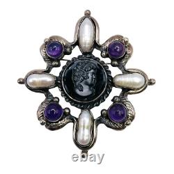 Broche Pendentif Vintage en Argent Sterling 925 avec Camée en Perle d'Améthyste