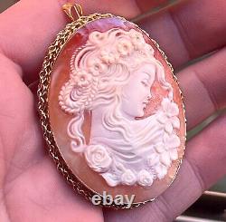 Broche pendentif ornement camée fait main sculpté femme nymphe parmi les fleurs