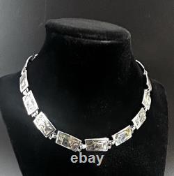 COLLIER/CHOKER VINTAGE Taxco Mexique INCRUSTATION D'ABALONE Argent Sterling 925 16,5
