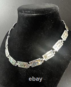 COLLIER/CHOKER VINTAGE Taxco Mexique INCRUSTATION D'ABALONE Argent Sterling 925 16,5