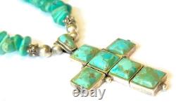 COLLIER PENDENTIF CROIX EN ARGENT STERLING 925 TURQUOISE KINGMAN BARSE VINTAGE USA