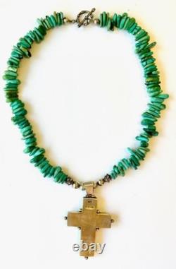 COLLIER PENDENTIF CROIX EN ARGENT STERLING 925 TURQUOISE KINGMAN BARSE VINTAGE USA