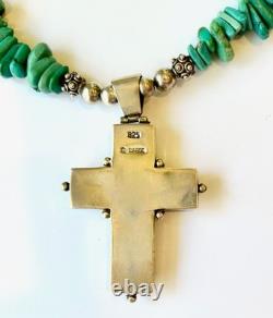 COLLIER PENDENTIF CROIX EN ARGENT STERLING 925 TURQUOISE KINGMAN BARSE VINTAGE USA