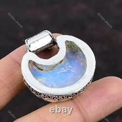 Cadeau pour elle : pendentif brut en opale laiteuse naturelle en forme de croissant de lune, vintage en argent 925.