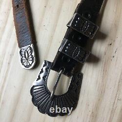 Ceinture en cuir véritable vintage / antique avec boucle en argent sterling 35L