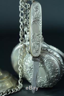 Chatelaine Antique Edwardian Argent Sterling Charms Couteau Boîte De Poudre Miroir Pill
