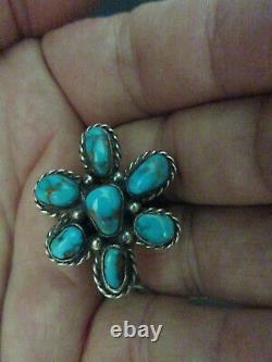 Classic Vintage Old Pawn Navajo En Argent Sterling Turquoise Flower Cluster Ring 7