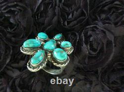 Classic Vintage Old Pawn Navajo En Argent Sterling Turquoise Flower Cluster Ring 7