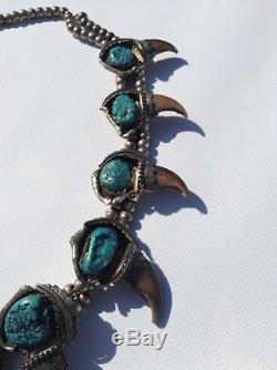 Collier Vintage Navajo En Argent Sterling Et Turquoise / Fleurs De Courge, 290 Gr