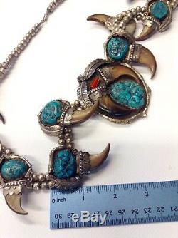 Collier Vintage Navajo En Argent Sterling Et Turquoise / Fleurs De Courge, 290 Gr