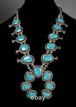 Collier Vintage Navajo Turquoise Sterling Silver Squash Blossom