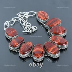 Collier Vintage en Chaîne pour Femme en Argent Sterling avec Jaspe Rouge en Peau de Serpent Naturelle