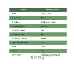 Collier Vintage en Chaîne pour Femme en Argent Sterling avec Jaspe Rouge en Peau de Serpent Naturelle