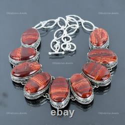 Collier Vintage en Chaîne pour Femme en Argent Sterling avec Jaspe Rouge en Peau de Serpent Naturelle