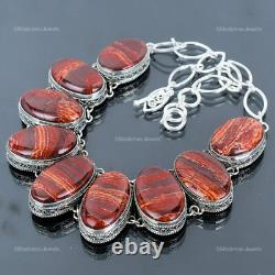 Collier Vintage en Chaîne pour Femme en Argent Sterling avec Jaspe Rouge en Peau de Serpent Naturelle