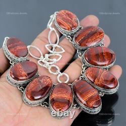 Collier Vintage en Chaîne pour Femme en Argent Sterling avec Jaspe Rouge en Peau de Serpent Naturelle