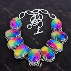 Collier ajustable vintage en chaîne de quartz solaire druzy arc-en-ciel naturel en argent 925