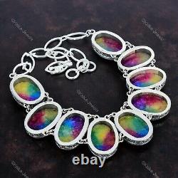 Collier ajustable vintage en chaîne de quartz solaire druzy arc-en-ciel naturel en argent 925