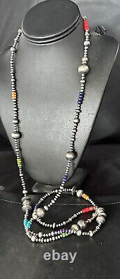 Collier de perles multicolores en argent sterling, style Native Navajo, long de 48 pouces.