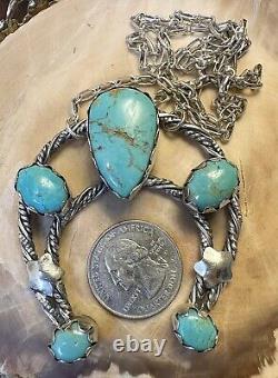 Collier en argent sterling 925 avec fleur de courge turquoise amérindienne Vtg de 22 pouces