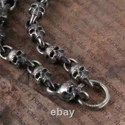 Collier en argent sterling 925 fait main, lourd, biker punk rétro avec des têtes de mort solides pour hommes N0