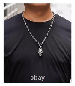 Collier en argent sterling 925 fait main, lourd, biker punk rétro avec des têtes de mort solides pour hommes N0