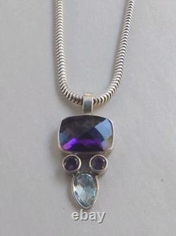 Collier en argent sterling italien Vtge 20 chaînes serpent avec deux pendentifs en pierres précieuses 925