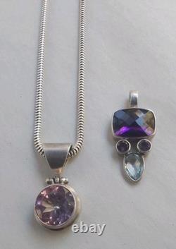 Collier en argent sterling italien Vtge 20 chaînes serpent avec deux pendentifs en pierres précieuses 925