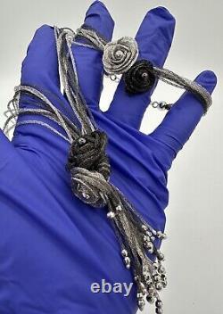 Collier en argent sterling rare et vintage avec motif en maille de rose et bracelet assorti 16/7