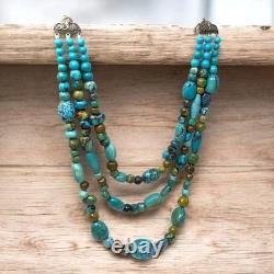 Collier en perles de turquoise en argent sterling vintage à 3 brins, bijou en pierres précieuses 24