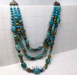 Collier en perles de turquoise en argent sterling vintage à 3 brins, bijou en pierres précieuses 24