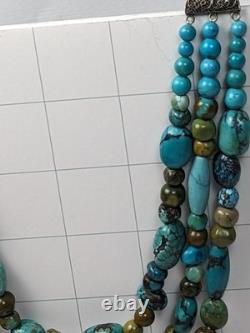 Collier en perles de turquoise en argent sterling vintage à 3 brins, bijou en pierres précieuses 24