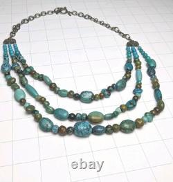 Collier en perles de turquoise en argent sterling vintage à 3 brins, bijou en pierres précieuses 24