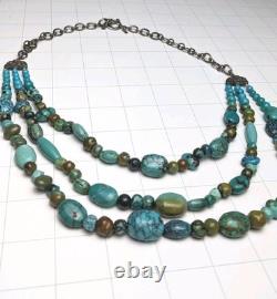 Collier en perles de turquoise en argent sterling vintage à 3 brins, bijou en pierres précieuses 24