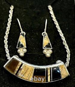 Collier et boucles d'oreilles Vintage Navajo en argent sterling 925 avec jaspe, onyx et œil de tigre