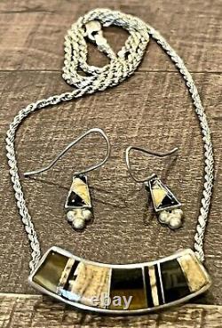 Collier et boucles d'oreilles Vintage Navajo en argent sterling 925 avec jaspe, onyx et œil de tigre