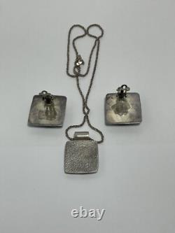 Collier et boucles d'oreilles en argent sterling avec pendentif carré en onyx vintage, style moderniste