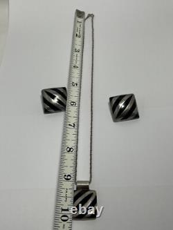 Collier et boucles d'oreilles en argent sterling avec pendentif carré en onyx vintage, style moderniste