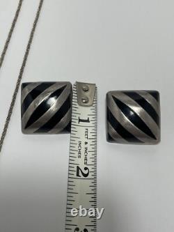 Collier et boucles d'oreilles en argent sterling avec pendentif carré en onyx vintage, style moderniste