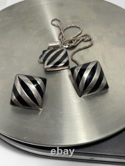 Collier et boucles d'oreilles en argent sterling avec pendentif carré en onyx vintage, style moderniste