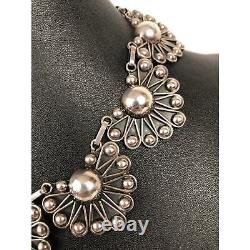 Collier éventail vintage en argent sterling mexicain Taxco oxydé 15.5 fabriqué au Mexique