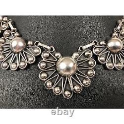 Collier éventail vintage en argent sterling mexicain Taxco oxydé 15.5 fabriqué au Mexique