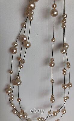 Collier fin à trois rangs en perles roses authentiques en argent sterling vintage