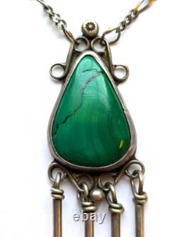 Collier pendentif en argent sterling vintage Navajo avec grande malachite, 18 pouces
