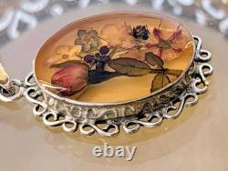 Collier pendentif vintage en argent sterling Taxco avec fleur pressée et chaîne en résine italienne