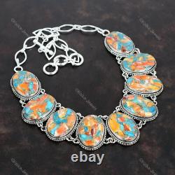 Collier vintage ajustable en argent 925 avec huître épineuse naturelle, cuivre et turquoise