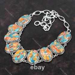 Collier vintage ajustable en argent 925 avec huître épineuse naturelle, cuivre et turquoise