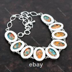 Collier vintage ajustable en argent 925 avec huître épineuse naturelle, cuivre et turquoise