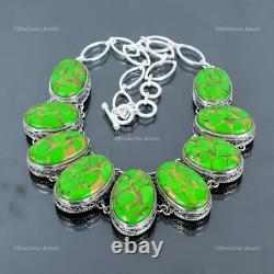 Collier vintage en argent sterling 925 avec chaîne en turquoise verte en cuivre naturel pour femme