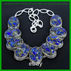 Collier vintage en chaîne en argent sterling 925 avec gemme en sodalite cuivrée ovale